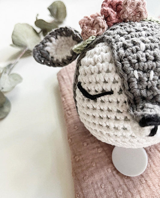 Häkelspieluhr RUBI REH hellgrau